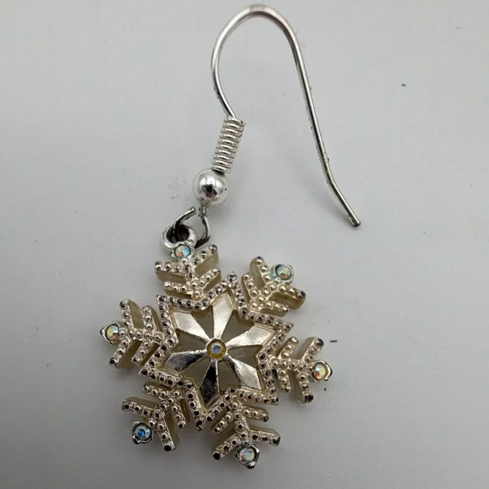 Silver Tone Snowflake Crystal Dangle Drop Earrings Hook Closure 1.5